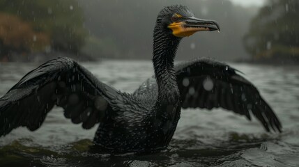 A pelican flaps its wings in the rain, swimming in a body of water - Powered by Adobe