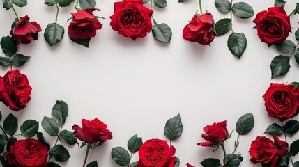  Red roses with green leaves against a white backdrop Insert text in the central space