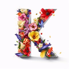 Letter K from flowers, isolated on white background. 3D illustration.