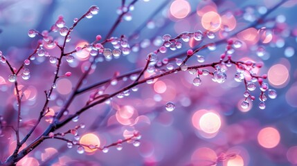  A tight shot of a tree, adorned with dewdrops on its branches, against a backdrop of softly blurred lights
