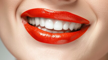  A tight shot of a woman's smiling mouth, adorned with brilliant red lipstick and pearly whites