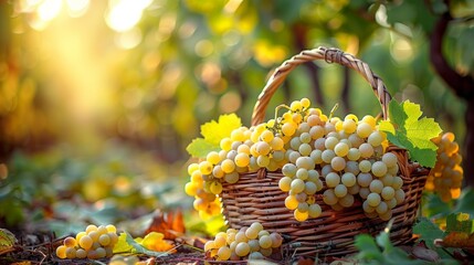  large basket with white grapes on a grape plantation