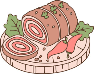 Meatloaf Rouladen Food. Colorful kawaii hand drawn vector illustration of German cuisine
