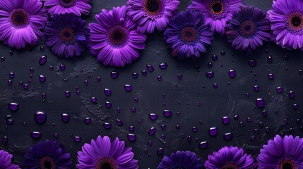  A black backdrop showcases a cluster of purple flowers with water droplets ..Or, if there's a specific text to include:.