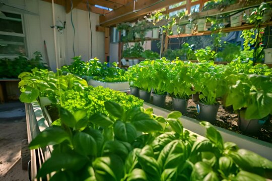 Lush green basil plants growing in an indoor hydroponic garden setup