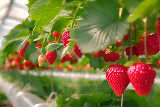 Ripe strawberries growing in a greenhouse on a vertical farm