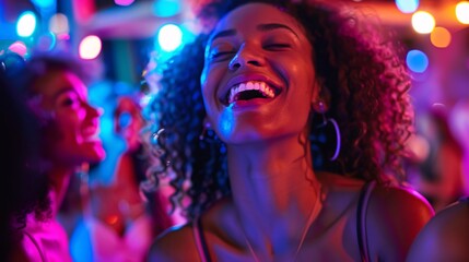 A group of individuals having a fun time laughing at a nightclub, enjoying each others company and the vibrant atmosphere