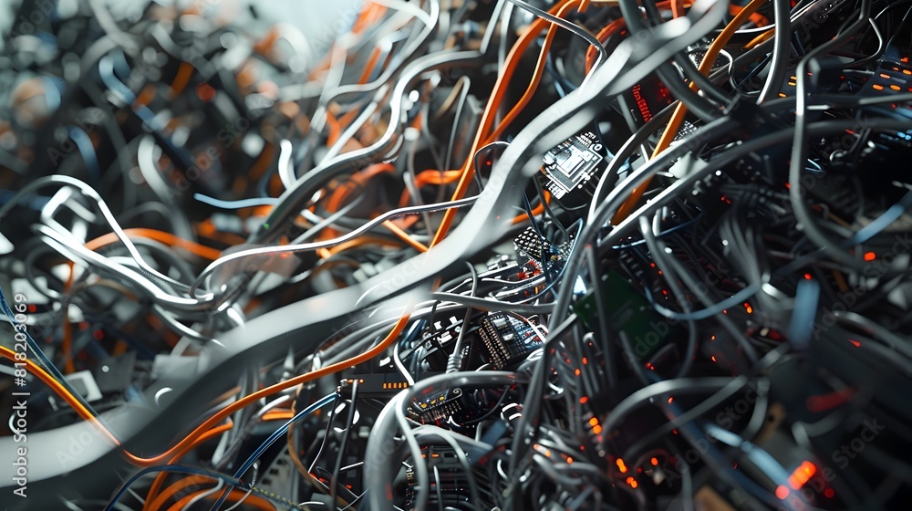 Poster tangled ewaste intricate patterns of discarded futuristic technological components