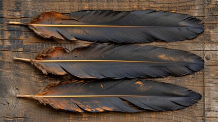  Three black feathers atop a weathered wooden table Nearby, a piece of wood with flaking paint