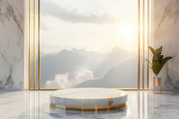 A round marble pedestal with a golden rim, an empty background, a golden light, a window frame with a mountain view, a modern interior design