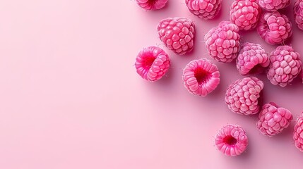  A collection of red raspberries atop a pink surface, adorned with dew drops on their summits and...