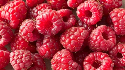  Two piles of red raspberries sit on a wooden table, placed next to each other