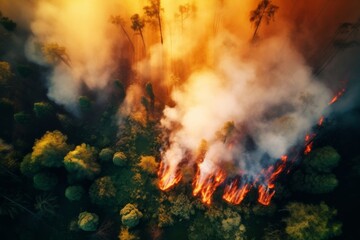  a lush forest burning seen from a drone . Wide view.