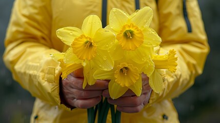  A person in a yellow raincoat holds yellow daffodils, dripping with water, while wearing a yellow slicker