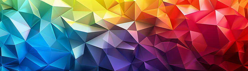 A geometric rainbow background with overlapping triangles in various colors.