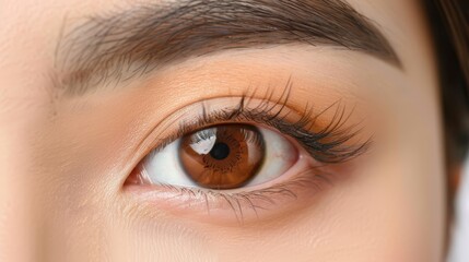  A tight shot of an eye, featuring a brown eyeliner rim and a brown and white limbal ring encircling the iris