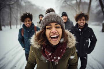  a group of five people of different races in their 20s in a park on a winter morning playing in the snow