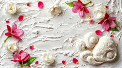 Obraz na płótnie Canvas white frosting, pink and white blooms on a pristine plate, green foliage and matching blossoms beside the cake