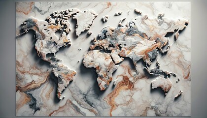 A full-frame, 16_9 landscape ratio world map in authentic marble style with true colors. The entire image showcases realistic marble textures