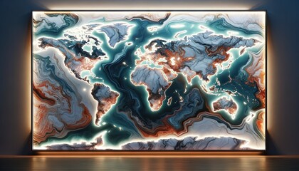 A world map in a full-frame 16_9 landscape ratio, depicted in authentic Italian marble style with true colors. This map is enhanced with LED lights 