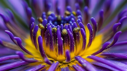  A close-up of a purple flower with yellow stamens and dewdrops at its center, adorned with water droplets on the petals