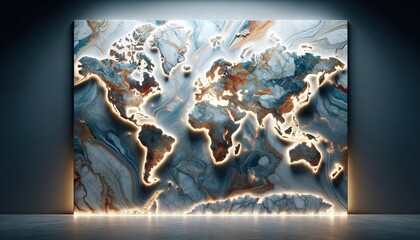 A world map in a full-frame 16_9 landscape ratio, depicted in authentic Italian marble style with true colors. This map is uniquely enhanced by LED li