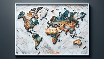 A full-frame 16_9 landscape ratio world map, depicted in authentic marble style with true colors. The map features realistic textures and hues of marb-art