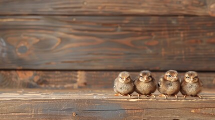  A trio of small birds perches on a wooden bench, adjacent to a single wooden wall Behind them lies a wooden wall with its characteristic planks