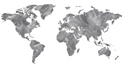 A world map in a full-frame 16_9 landscape ratio, depicted in a gray marble style with true colors. The map features realistic textures and hues