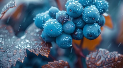  A collection of blue berries atop a leafy tree branch, amidst the rain Droplets adorn both the leaves and the ripe fruits, as raindrops cas