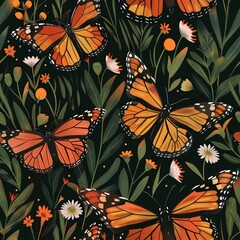 Seamless A painting of several orange butterflies in a field of flowers