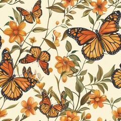 Seamless A butterfly pattern with orange butterflies and flowers