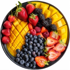 Obraz premium Exotic fruits set with sliced mango, pitahaya, strawberries, blackberries, blueberries and cape gooseberries