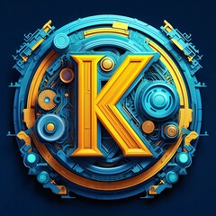 3d illustration of letter k in futuristic style on blue background.