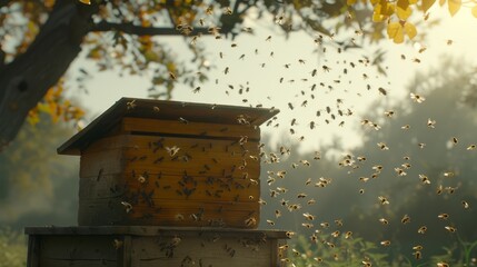  A beehive in a field with a tree in the foreground, surrounded by numerous bees flying around and over it