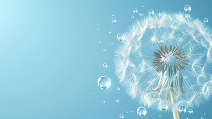  A tight shot of a solitary dandelion in the foreground, its petals kissed by water droplets, against a backdrop of a clear blue sky