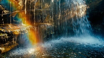 The perfect balance of fire and water a fiery rainbow over a cool cascading waterfall.