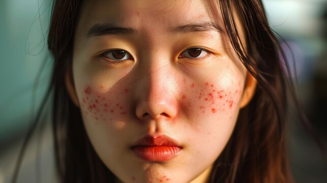 Korean woman, 30 years old. Red spots, pimples on the skin of the face.