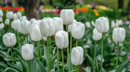  A field filled with white tulips in a park Trees line the background, and flowers populate the foreground's center