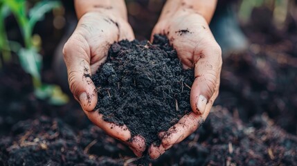  A person holds a handful of dirt, with a green plant emerging from the center - Powered by Adobe