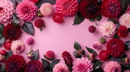  A pink background filled with clusters of pink and red blooms Below, green foliage supports more flowers