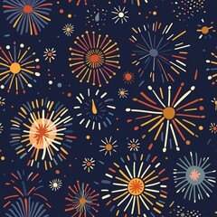 Seamless A colorful fireworks pattern is displayed on a blue background