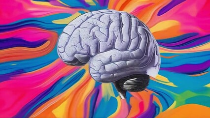 Painting of a brain with a colorful background.