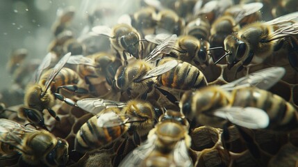 extreme Close Up of honey bees on wax honeycomb with hexagonal cells. apiary and beekeeping concept background . Working Bees on Honeycombs background. banner