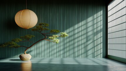  A Bonsai tree in a vase, situated in a room Green wall surrounds Ceiling holds a light fixture, above the potted plant