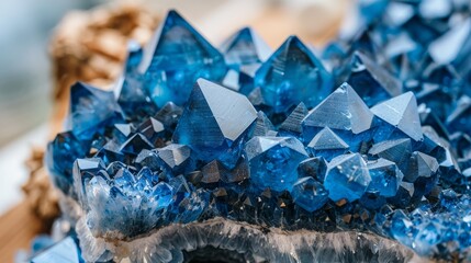  A tight shot of numerous blue crystals atop a wooden base Background features a wooden plank with a protruding piece of wood