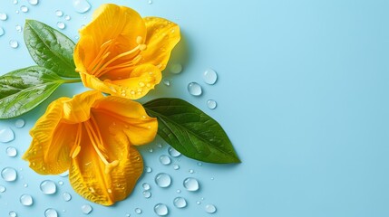  Two yellow flowers with green leaves on a blue background have water drops on their petals and leaves - Powered by Adobe