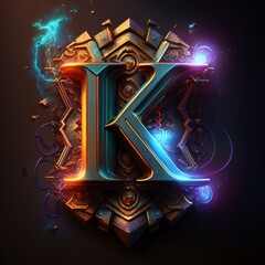 3d illustration of the letter K in neon style on dark background