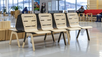  A row of wooden chairs aligns the tiled floor, near a red couch where two people sit, in a room abundant with numerous windows