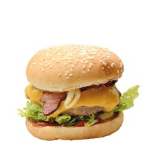 Closeup of a fresh hamburger isolated on a white background. Hamburger with sesame seed bun, cheese, onion, bacon, lettuce and beef meat.